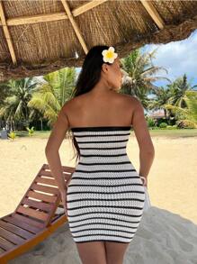 Zolique Women Contrast Stripe Simple Daily Knitted Tube Dress - Black and White - View 2