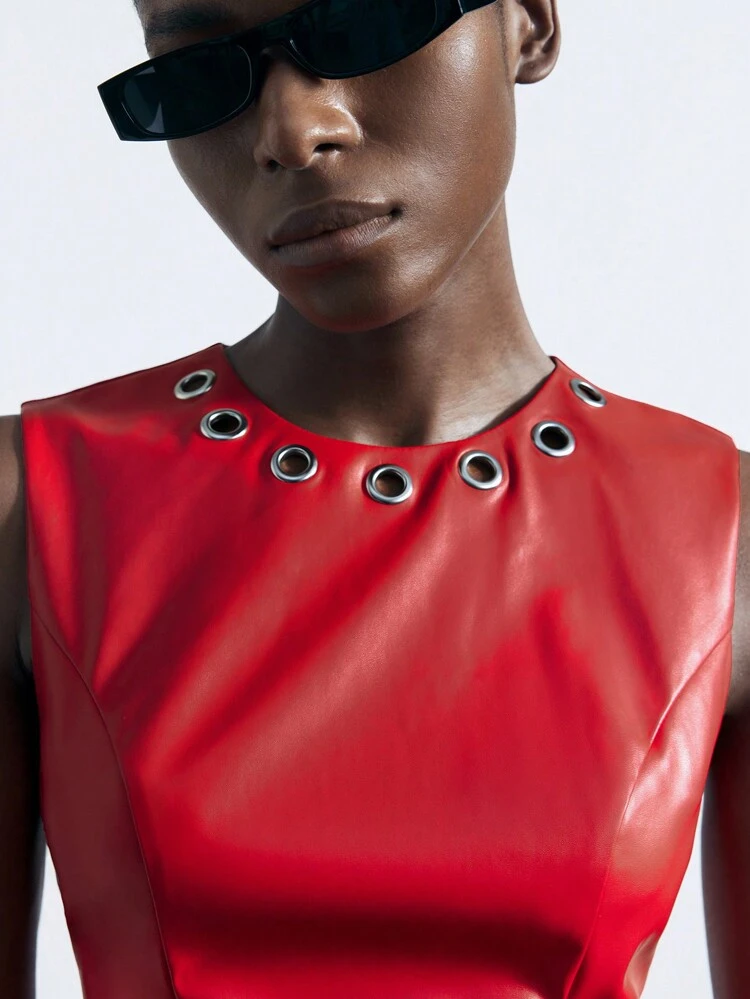 SHEIN Maija PU Leather Eyelet Decor Sleeveless Round Neck Fashionable Red Short Dress For Women, Spring/Summer