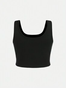SHEIN Conjunto de ropa deportiva para niña preadolescente con top corto de unicolor y shorts - Negro - Ver 21
