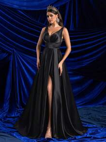 SHEIN Belle 优雅奢华缎面高腰分线修身喇叭下摆婚纱，新娘礼服 - 黑色 - 查看 5