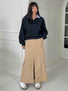 Dazy-Less 女士休闲格子拼接长袖卫衣，复古风格长袖上衣，秋季商务休闲女装 - 藏蓝色 - 查看 10