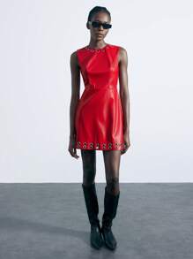 Maija PU Leather Eyelet Decor Sleeveless Round Neck Fashionable Red Short Dress For Women, Spring/Summer