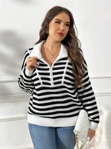 SHEIN Frenchy Plus Size Black And White Striped Pullover Sweater,Winter Clothes - Black and White - View 4
