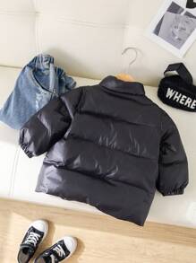 SHEIN Baby Boys/Girls Unisex Thick Padded Stand Collar Mid-Length Padded Coat With Oblique Shoulder Bag, Casual Winter Set - Black - View 2