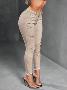 SHEIN SXY 女式休闲破洞紧身牛仔裤，带口袋