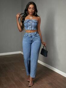 Slaydiva Summer Casual Front Button Cropped Camisole Denim Top - Medium Wash - View 2