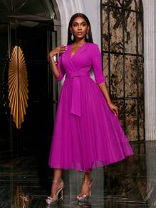 Faeriesty Elegant Surplice Neck Belted Cocktail Dress Midi Dress Party Dress Wedding Guest Dress Formal Dress Evening Dress,Gown - Hot Pink - View 5