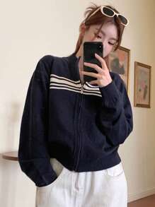 DAZY Color Block Striped High Neck Long Sleeve Zip Up Cardigan For Women,Fall Women Clothes Jacket - Navy Blue - View 7