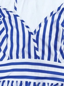 Breezaya 蓝白条纹荷叶边下摆 V 领系带休闲连衣裙，适合夏季 - 藍白色 - 查看 6