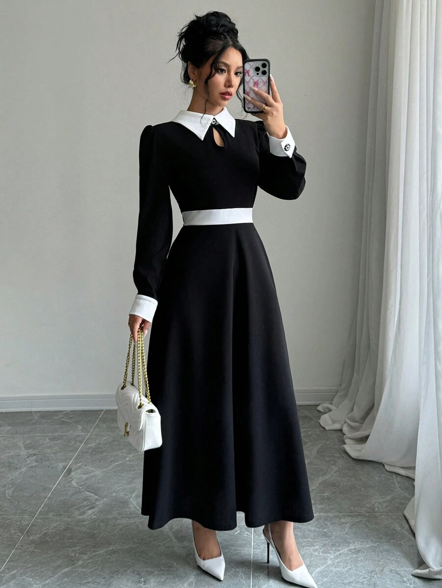 Selianne Vestido largo de manga larga con cuello para uso diario de color contrastante para mujer - Negro - Ver 1