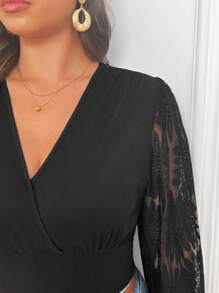 SHEIN Frenchy 大码女式优雅花卉网眼撞色长袖紧身衣，适合冬季 - 黑色 - 查看 7