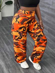 Slaydiva New Streetwear Fashion Camo Print Cargo Pocket Cargo Pants - Orange - View 6