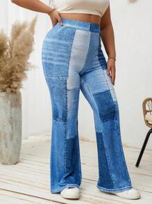 SHEIN Essnce 大码女式高弹力印花蓝色休闲裤，时尚