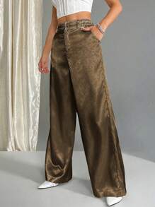 SHEIN Unity Women's Simple Front Button Pocket Casual Pants For Daily Wear - Brown - View 4