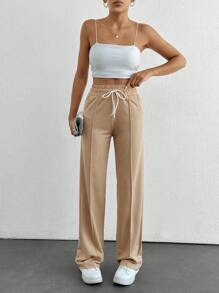 Cottnline Drawstring Waist Seam Detail Joggers - Camel - View 6