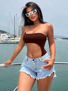 VaVaBold Solid Color Asymmetrical Neckline Sexy Sleeveless Waist Hollow Bodysuit