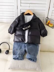 SHEIN Baby Boys/Girls Unisex Thick Padded Stand Collar Mid-Length Padded Coat With Oblique Shoulder Bag, Casual Winter Set - Black - View 6
