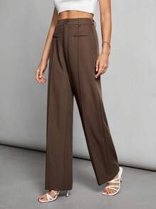 SHEIN Tall Solid Color Women's Wide Leg Straight Pants - Brown - View 6