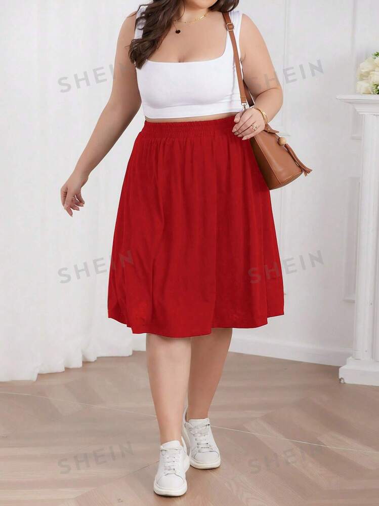 SHEIN LUNE Plus Size Women s Solid Color Elastic Waist Midi Casual Skirt SHEIN UK