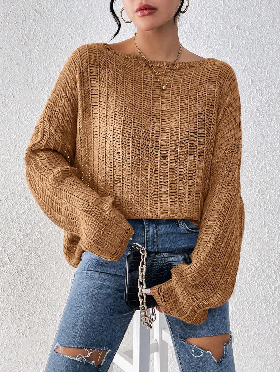 SHEIN EZwear 女士休闲宽松圆领长袖上衣 - 卡其色 - 查看 1
