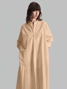 Ontre Women Spring & Autumn Solid Button Half Placket Long Sleeve Loose Straight Casual Dress - Khaki - View 6