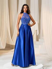 Faeriesty Rhinestone Detail Halter Neck Satin Formal Dress - Royal Blue - View 4