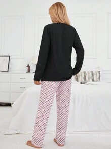 EURMUSE Cotton 2Pcs Contrast Colour Heart Printed PJ Set - Black - View 2