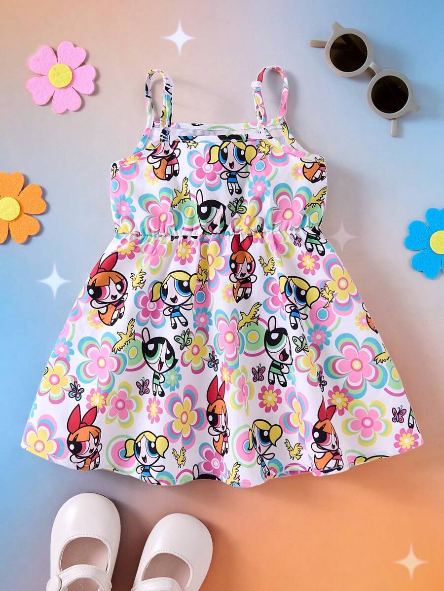 THE POWERPUFF GIRLS X SHEIN 女婴彩色花卉和蝴蝶卡通印花吊带裙，夏季 - 彩色 - 查看 1