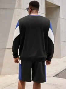 Manfinity Homme Conjunto de sudadera con capucha y pantalones cortos de contraste de bloques de color talla grande para hombres, primavera otoño