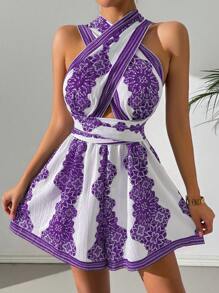 Chiquease Combinaison mode ajourée et imprimée tout-sur-tout pour femmes - Prune - Voir 5