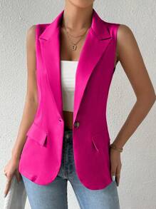 Ellegaria. Women's Spring Summer Sleeveless Blazer Jacket With One-Button Closure And Lapel Collar - Hot Pink - View 6