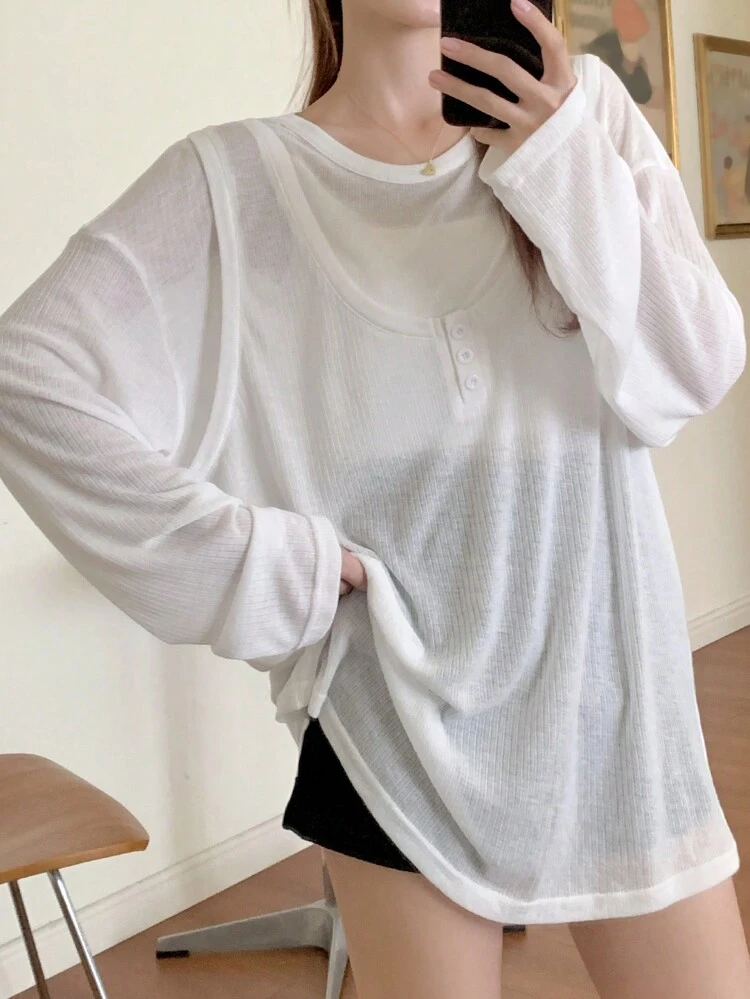 Women's Solid Color 2-In-1 Long Sleeve T-Shirt,Fall Women Clothes