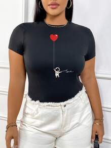 SHEIN EZwear 休闲简约宇航员图案圆领短袖修身夏季大码女式 T 恤 - 黑色 - 查看 1