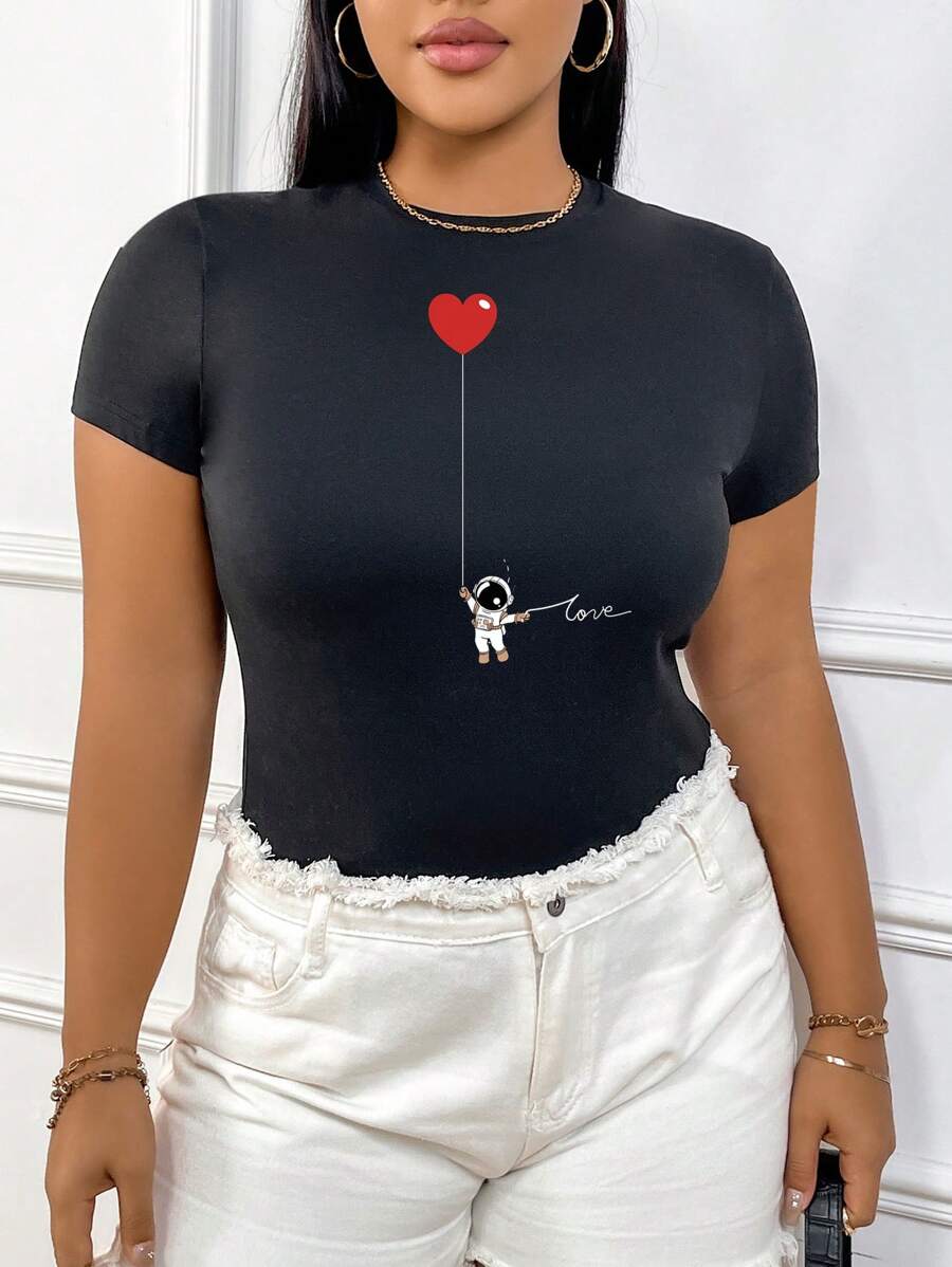 SHEIN EZwear 休闲简约宇航员图案圆领短袖修身夏季大码女式 T 恤 - 黑色 - 查看 1