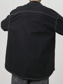 GALLERY FADE 男式黑色水洗牛仔撞色修边宽松落肩宽松衬衫 - 黑色 - 查看 2