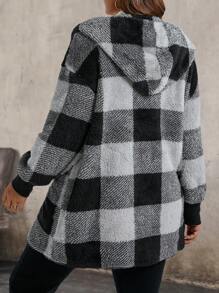 SHEIN LUNE Plus Size Women's Winter Drop Shoulder Long Sleeve Reversible Fleece Plaid Hooded Jacket - Black and White - View 2