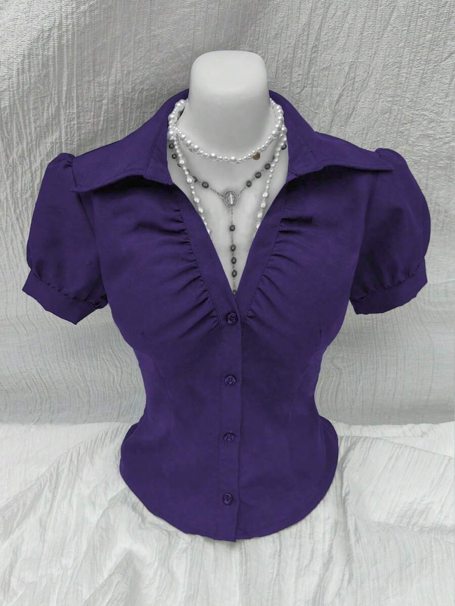 Sweetra V-Neck Ruched Cut-Out Bodycon Short Sleeve Office Blouse Women Shirt - Purple - View 1