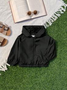 SHEIN Leap Crew 女婴拉链花卉印花连帽休闲夹克 - 黑色 - 查看 2