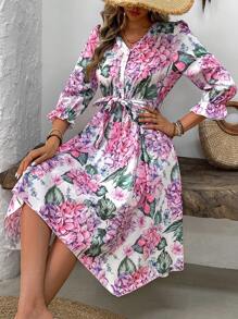 SHEIN LUNE V-Neck Print Half-Button-Up Ruffle Short Sleeve Belted Vacation Dress - Multicolor - View 5