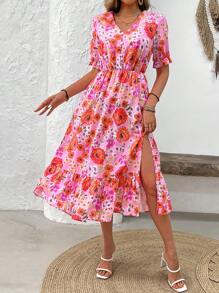 SHEIN LUNE Của phụ nữ Hoa Cổ chữ V Nút phía trước Ngắn Ống tay áo Đầm Với Bên Khe , Hoàn hảo Đối với Kỳ nghỉ - Nhiều màu - Xem 3