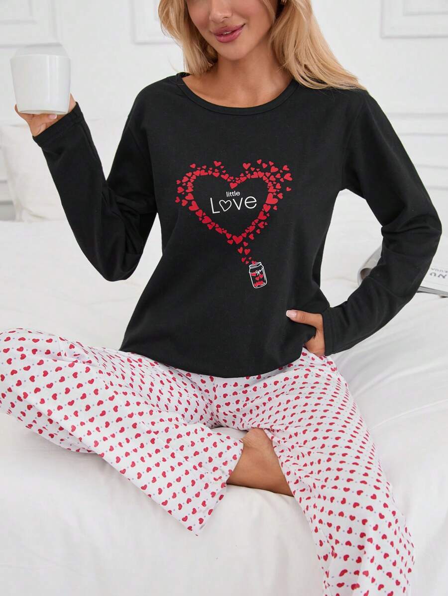 EURMUSE Cotton 2Pcs Contrast Colour Heart Printed PJ Set - Black - View 1