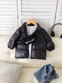 SHEIN Baby Boys/Girls Unisex Thick Padded Stand Collar Mid-Length Padded Coat With Oblique Shoulder Bag, Casual Winter Set - Black - View 1