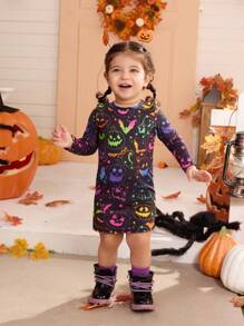 SHEIN Babymeisjes schattige gebreide stretch cartoon graffiti patroon jurk met lange mouwen, Halloween