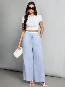 SHEIN Tall 秋季蓝色条纹撞色腰部编织女长裤 - 藍色 - 查看 7