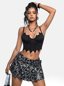 Babi Basques 艺术家黑暗/少女心/度假/Y2K/复古街头休闲印花紧身优雅迷你裙，适合女士、节日、派对、感恩节、除夕、节日 - 黑色 - 查看 2