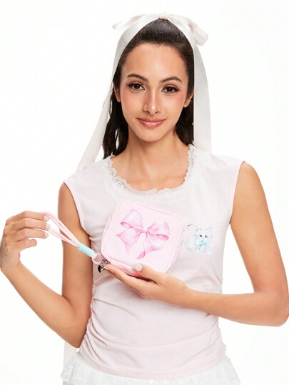 Kawaii Bolso cosmético portátil de gran capacidad con lazo de fantasía acolchado, bolso de maquillaje de moda