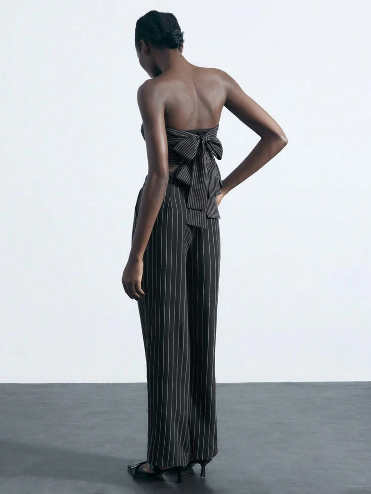 SHEIN Maija 2pcs Casual & Unique Line Pattern Chic Urban Style Top & Pants Set