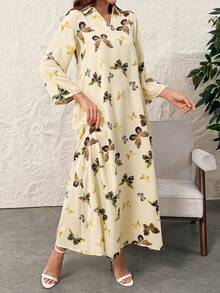 Al Najma 女士蝴蝶印花长袖阿拉伯连衣裙，朴素优雅的风格，适合日常休闲/旅游/度假/休假/聚会 - 彩色 - 查看 6