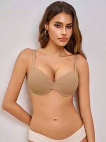 1pc Women's Solid Color Wire-Rimmed Bra - Khaki - View 4