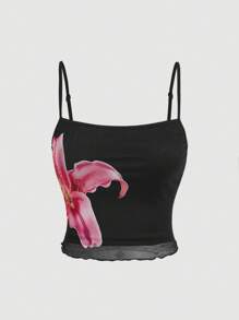 SHEIN MOD 黑色和粉色大号花卉印花 Y2k 吊带背心